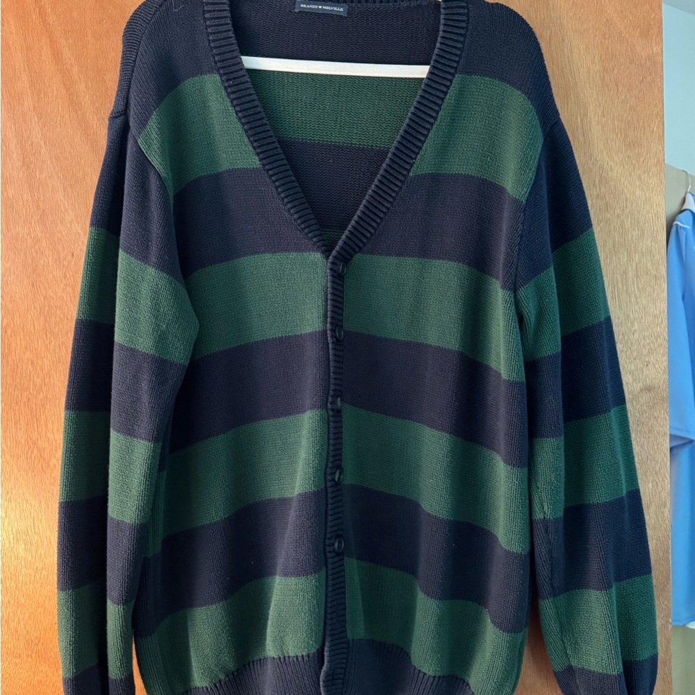 Brandy Melville Green and Navy Blue Striped Sweater